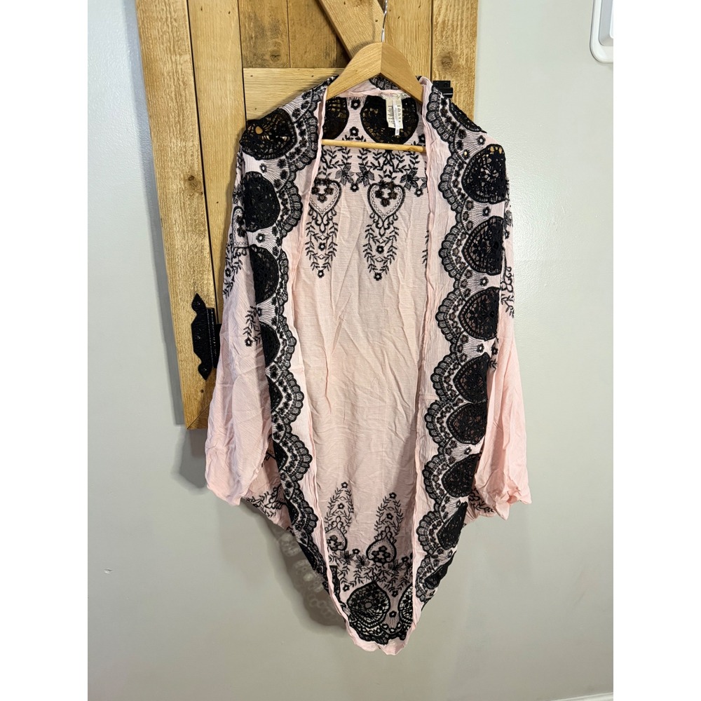 Free People Pink Black Embroidered Lace Trim Gauze Kimono Wrap OS Boho OSFM